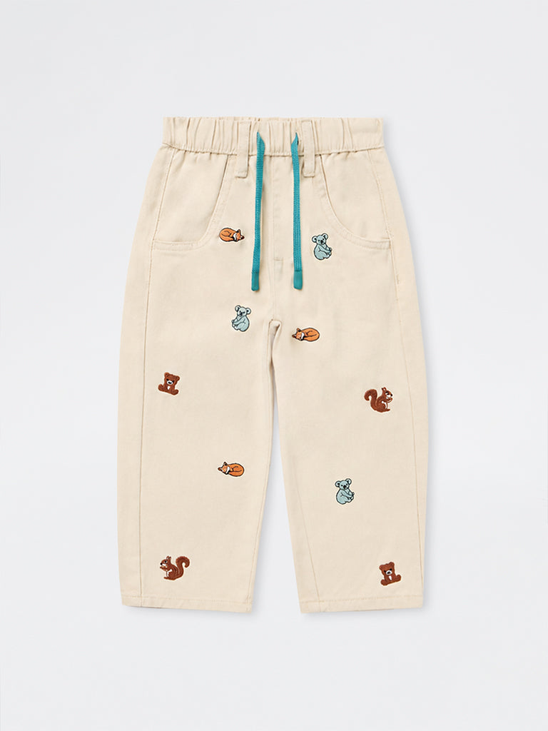 HOP Kids Boys Beige Embroidered High-Rise Relaxed-Fit Jeans