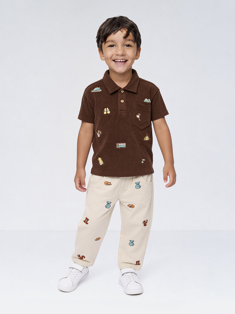 HOP Kids Boys Beige Embroidered High-Rise Relaxed-Fit Jeans