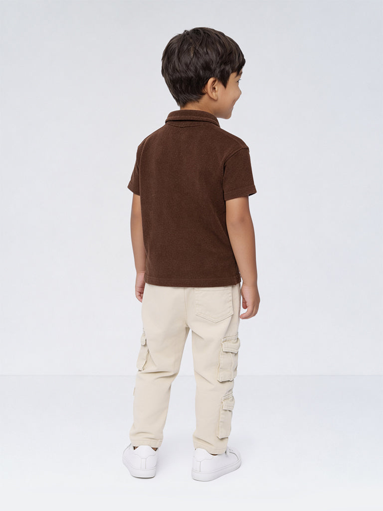 HOP Kids Boys Beige Embroidered High-Rise Relaxed-Fit Jeans