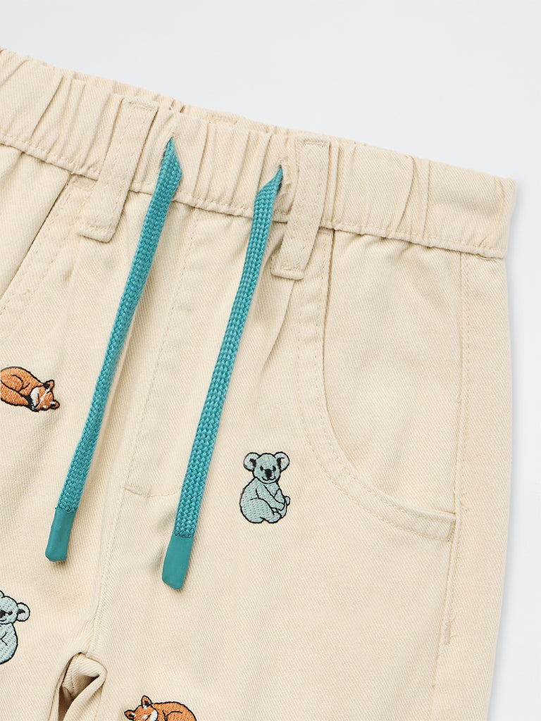 HOP Kids Boys Beige Embroidered High-Rise Relaxed-Fit Jeans