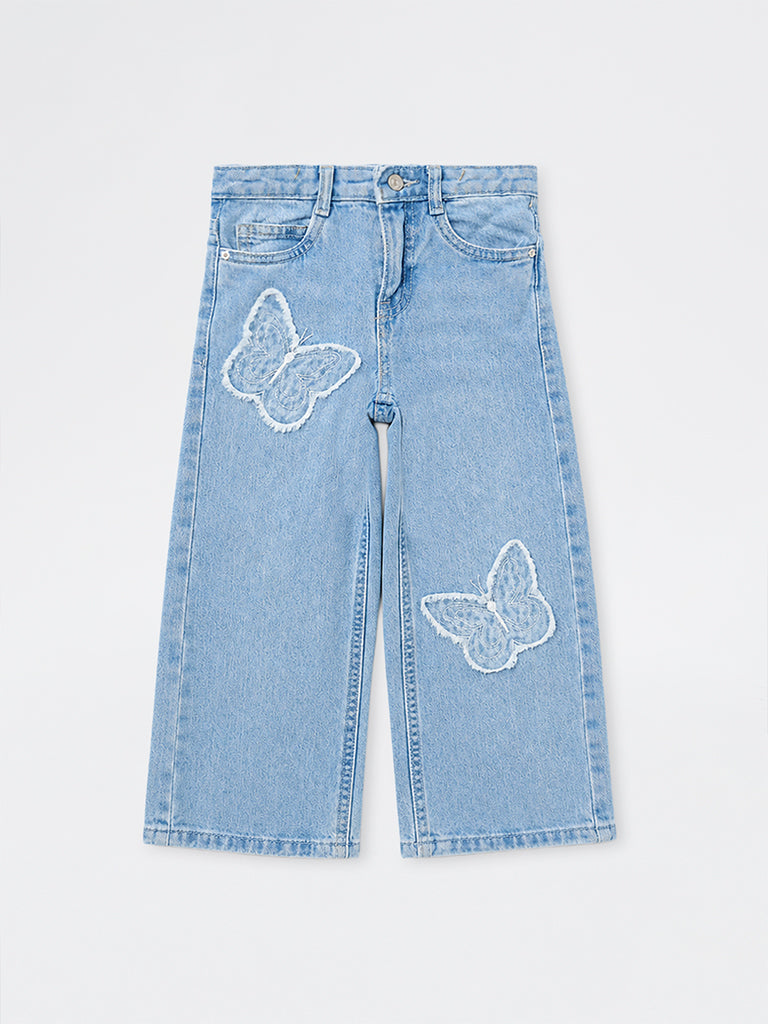 HOP Kids Girls Blue Faded Wide-Leg High-Rise Jeans