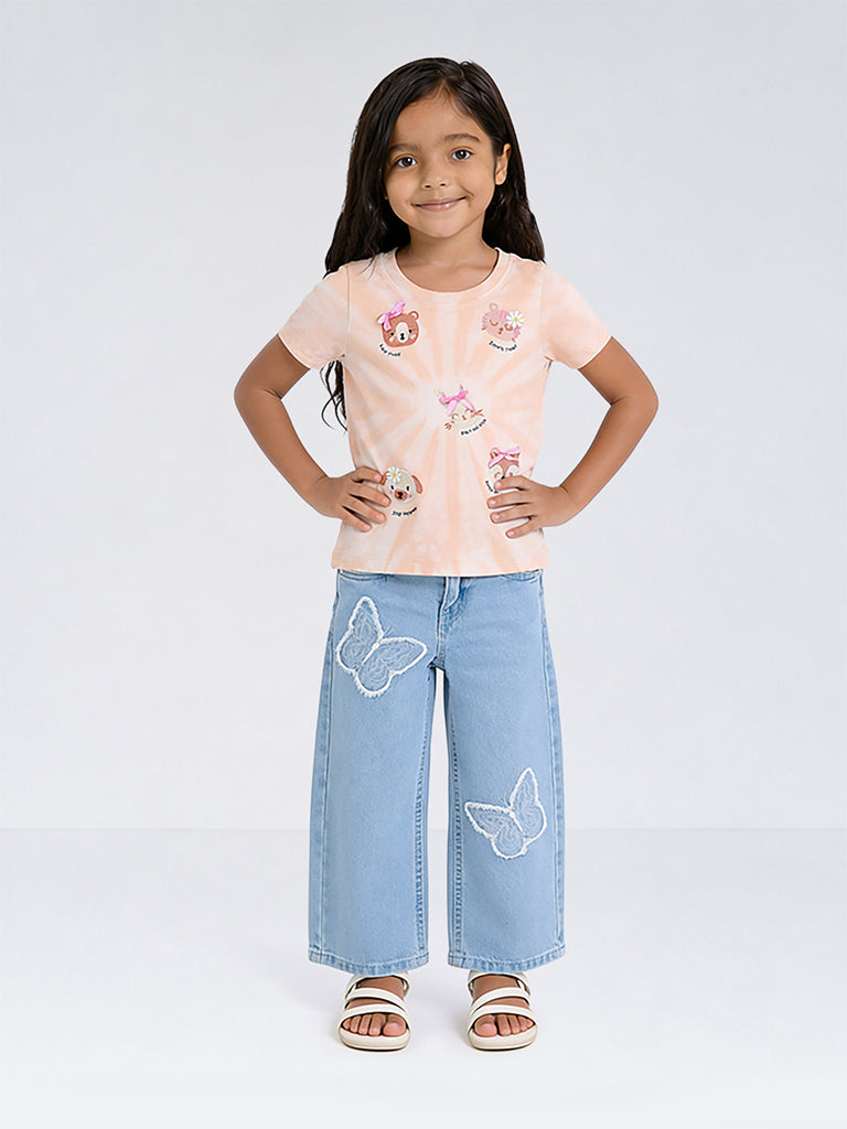 HOP Kids Girls Blue Faded Wide-Leg High-Rise Jeans