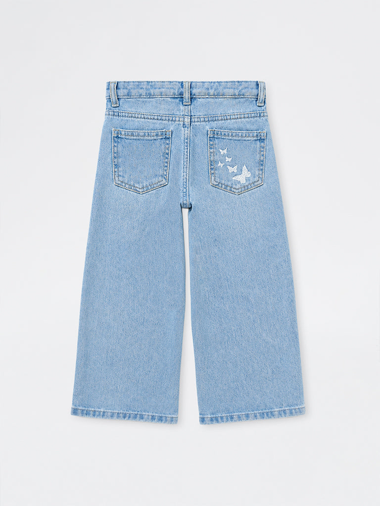HOP Kids Girls Blue Faded Wide-Leg High-Rise Jeans