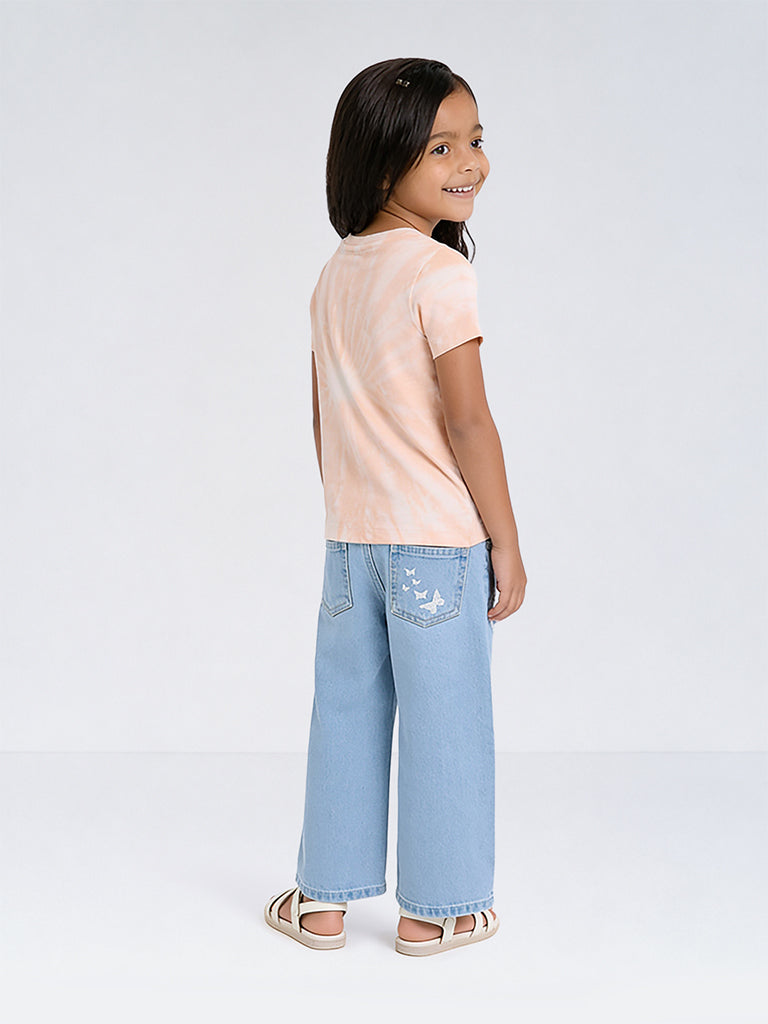HOP Kids Girls Blue Faded Wide-Leg High-Rise Jeans