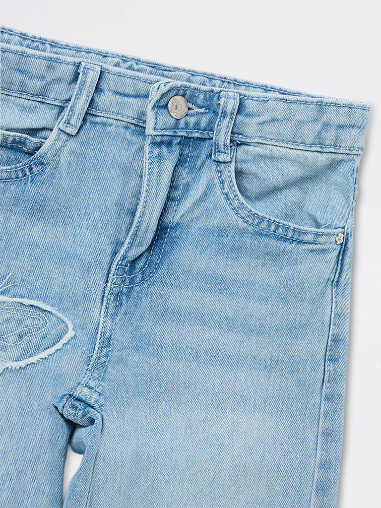 HOP Kids Girls Blue Faded Wide-Leg High-Rise Jeans