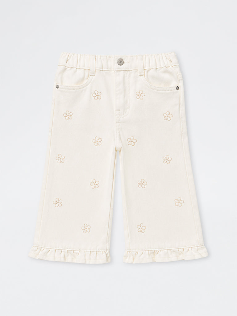 HOP Kids Girls Off-White Floral Embroidered High-Rise Jeans