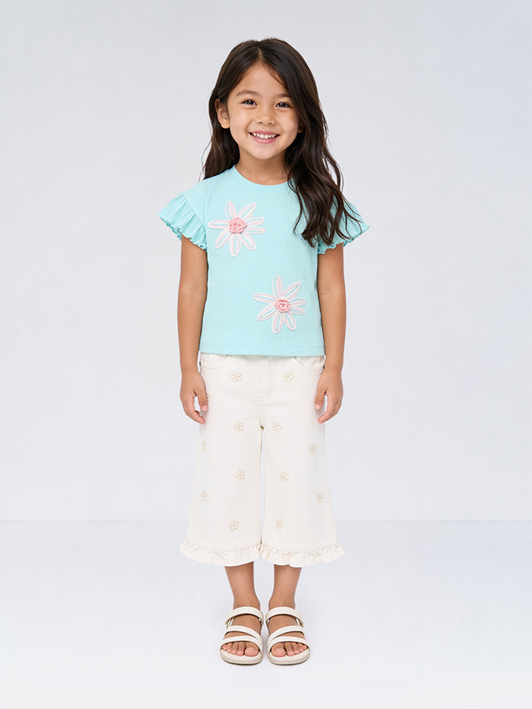 HOP Kids Girls Off-White Floral Embroidered High-Rise Jeans