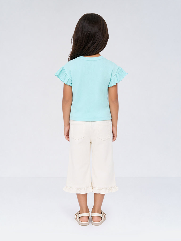 HOP Kids Girls Off-White Floral Embroidered High-Rise Jeans
