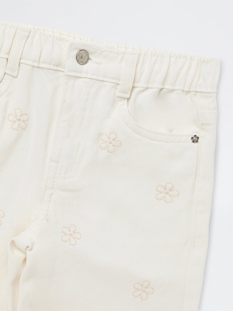 HOP Kids Girls Off-White Floral Embroidered High-Rise Jeans