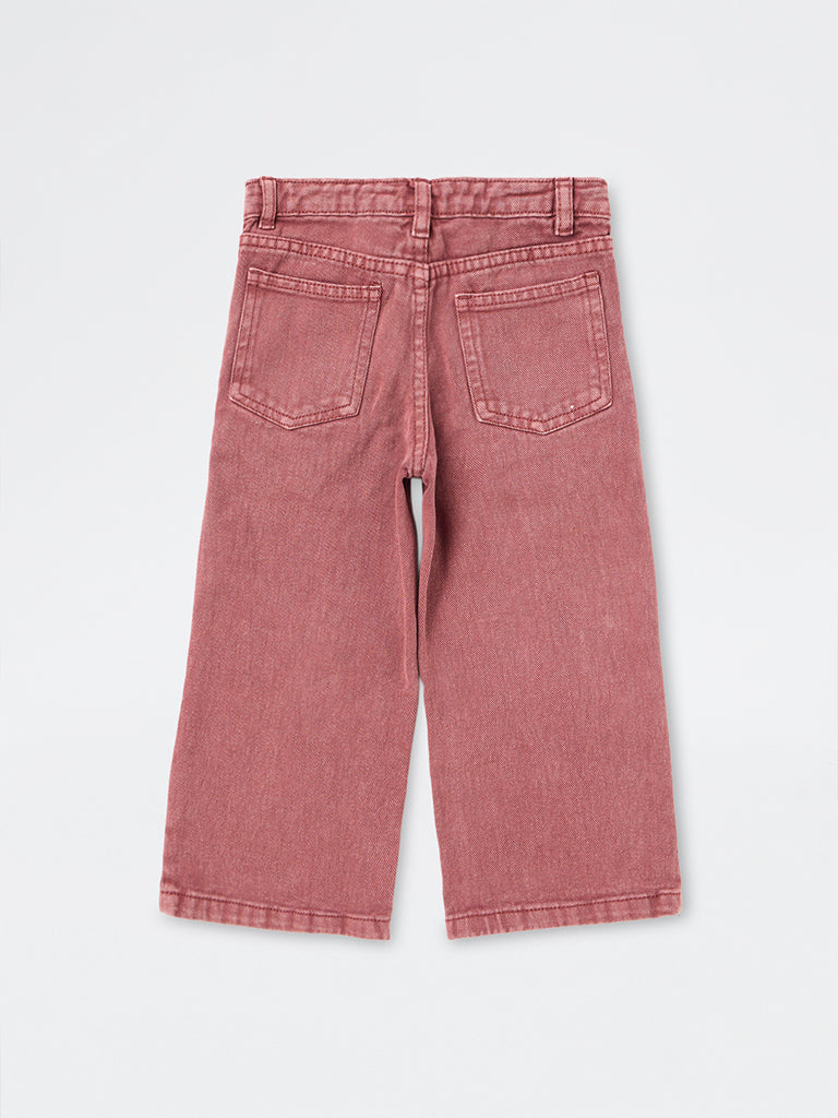 HOP Kids Girls Dusty Pink Floral Embroidered High-Rise Jeans