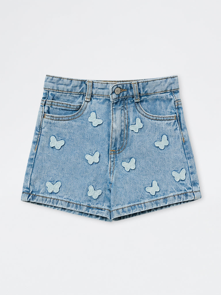 HOP Kids Girls Blue Butterfly Embroidered High-Rise Denim Shorts