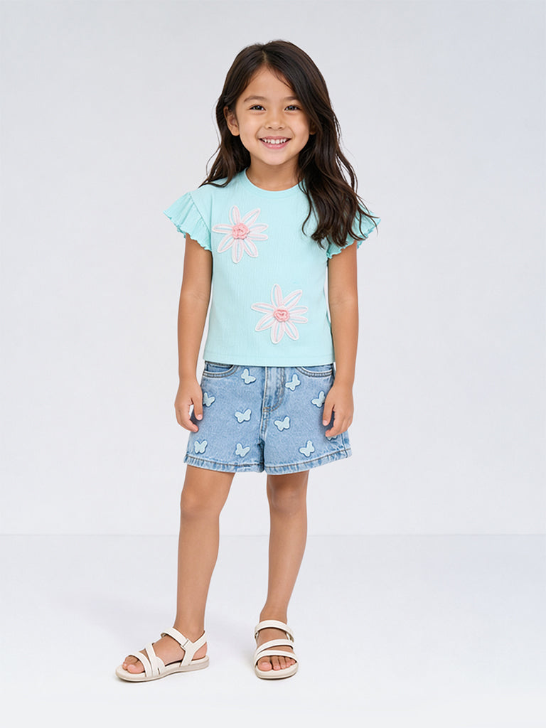 HOP Kids Girls Blue Butterfly Embroidered High-Rise Denim Shorts