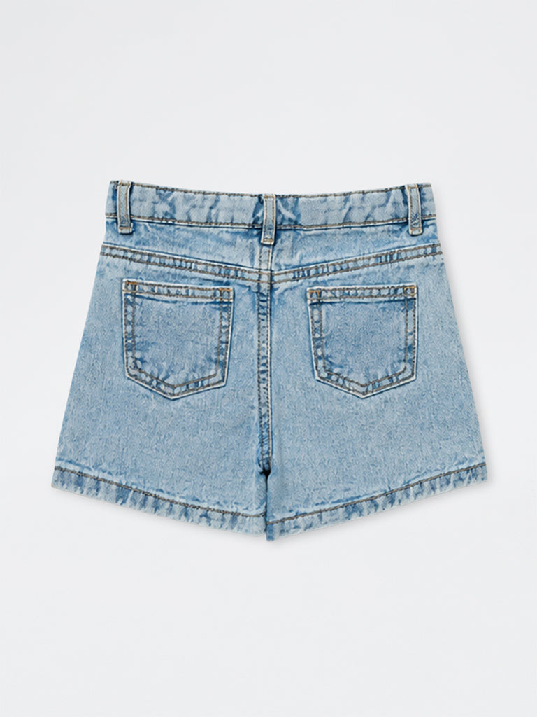 HOP Kids Girls Blue Butterfly Embroidered High-Rise Denim Shorts