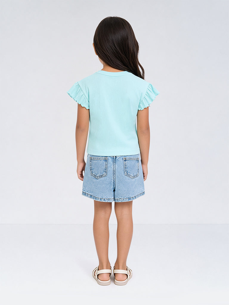 HOP Kids Girls Blue Butterfly Embroidered High-Rise Denim Shorts