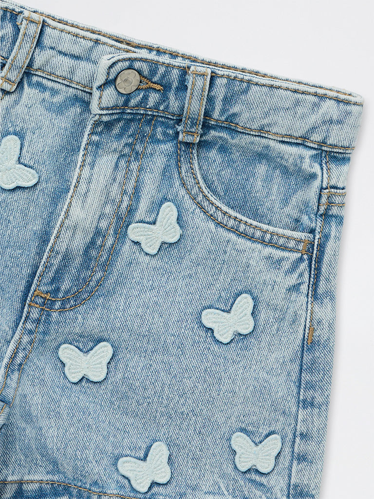 HOP Kids Girls Blue Butterfly Embroidered High-Rise Denim Shorts
