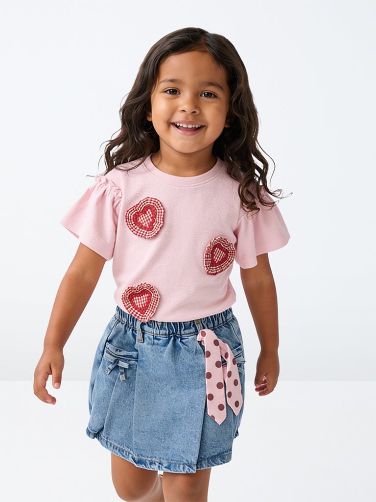 HOP Kids Girls Blue High-Rise Denim Skirt with Satin Bandana