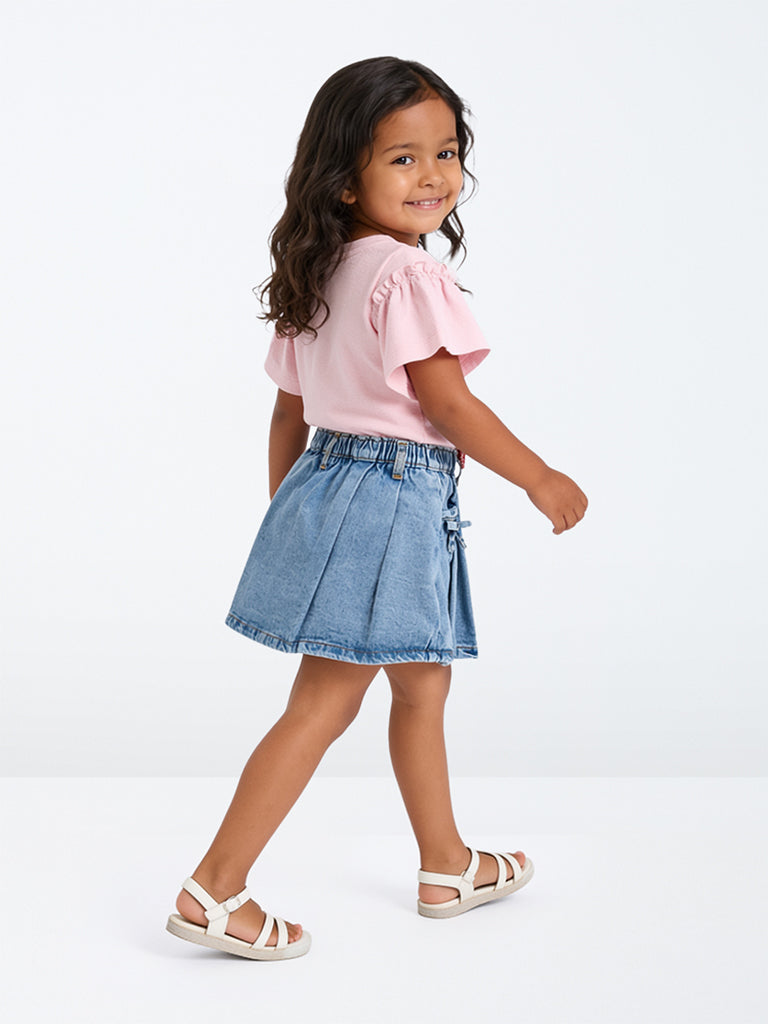 HOP Kids Girls Blue High-Rise Denim Skirt with Satin Bandana