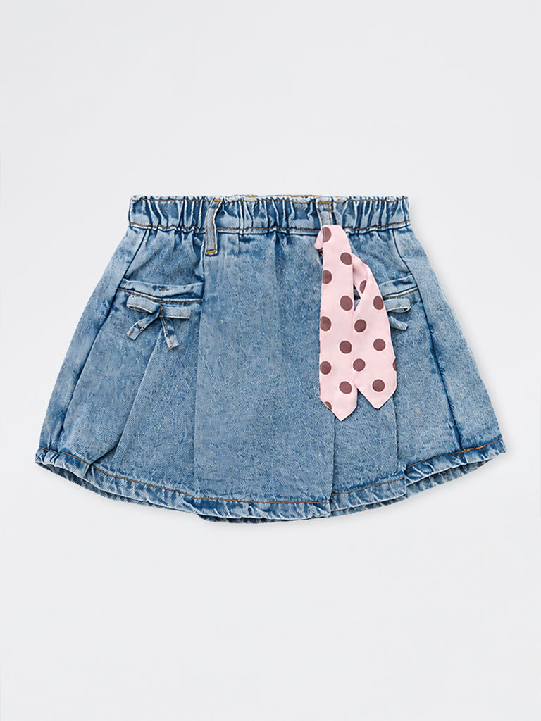 HOP Kids Girls Blue High-Rise Denim Skirt with Satin Bandana
