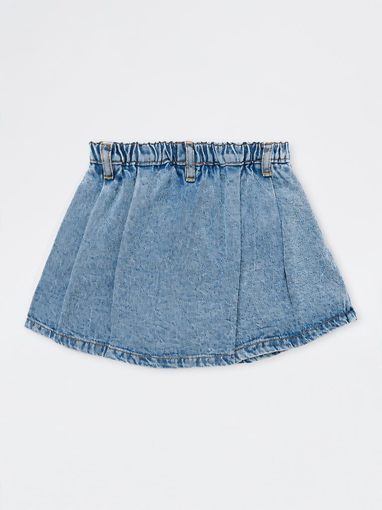 HOP Kids Girls Blue High-Rise Denim Skirt with Satin Bandana