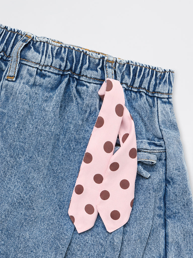 HOP Kids Girls Blue High-Rise Denim Skirt with Satin Bandana