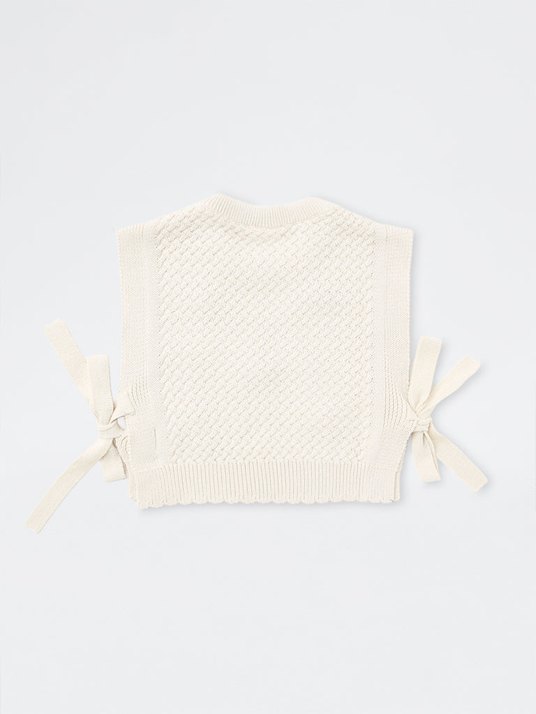 HOP Kids Girls Off-White Floral Embroidered Knitted Cotton-Blend Sweater