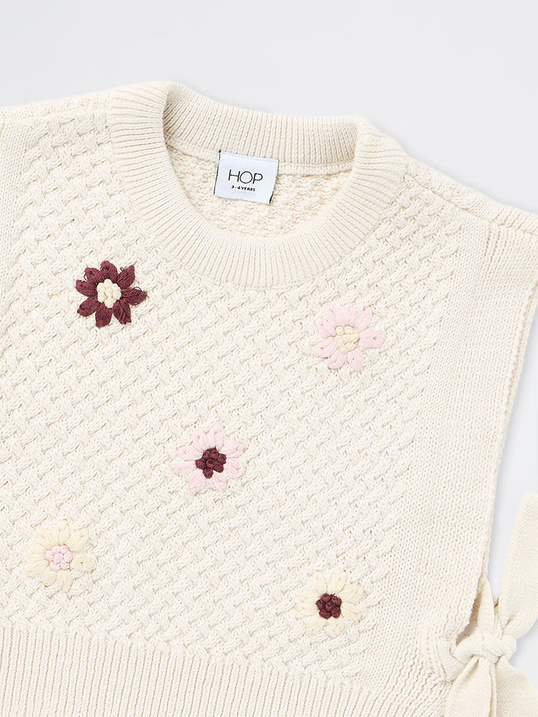 HOP Kids Girls Off-White Floral Embroidered Knitted Cotton-Blend Sweater