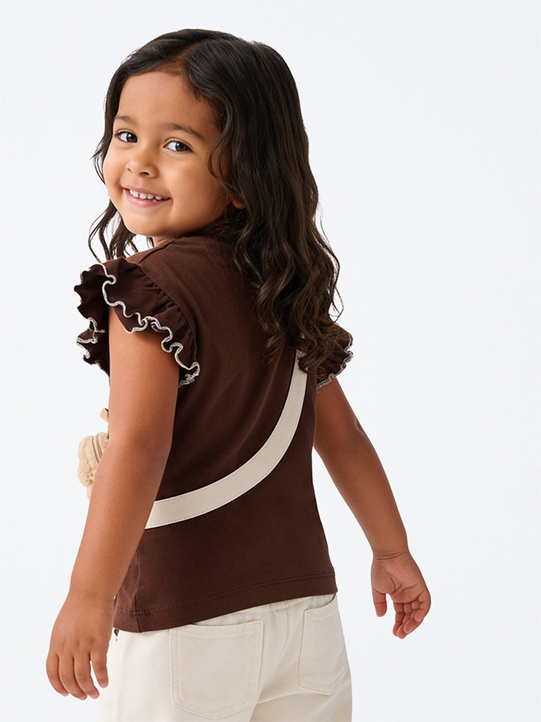 HOP Kids Girls Brown Sling-Bag Design Cotton T-Shirt
