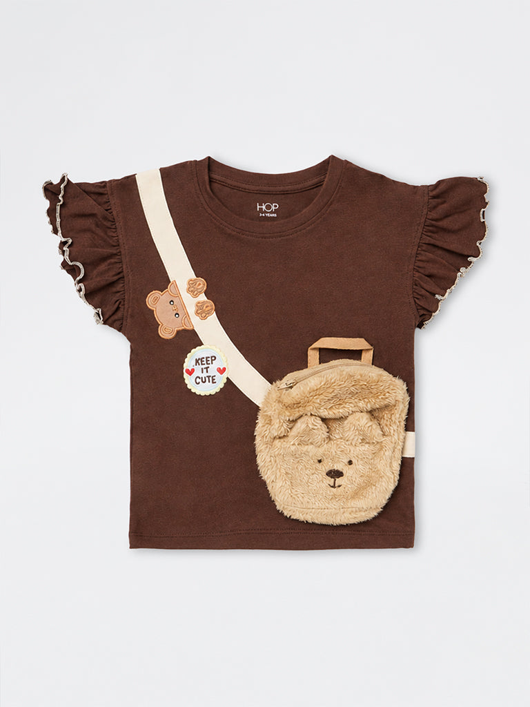 HOP Kids Girls Brown Sling-Bag Design Cotton T-Shirt