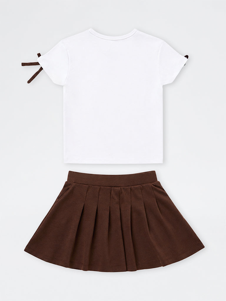 Y&F Kids Girls Brown Text Printed Cotton-Blend T-Shirt and Skirt Set