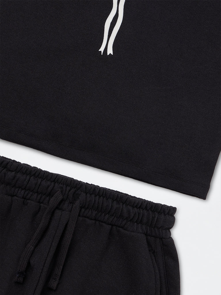 Girls Black Text Embroidered Cotton-Blend T-Shirt and Shorts Set