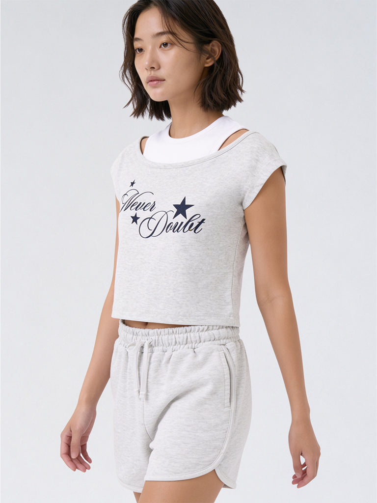Girls Grey Text Printed Cotton-Blend T-Shirt and Shorts Set