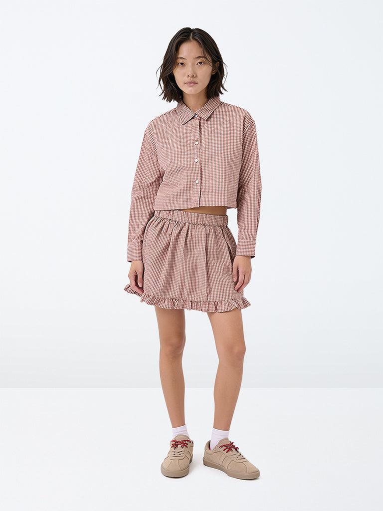 Girls Wine Checkered Shirt and Skirt Set