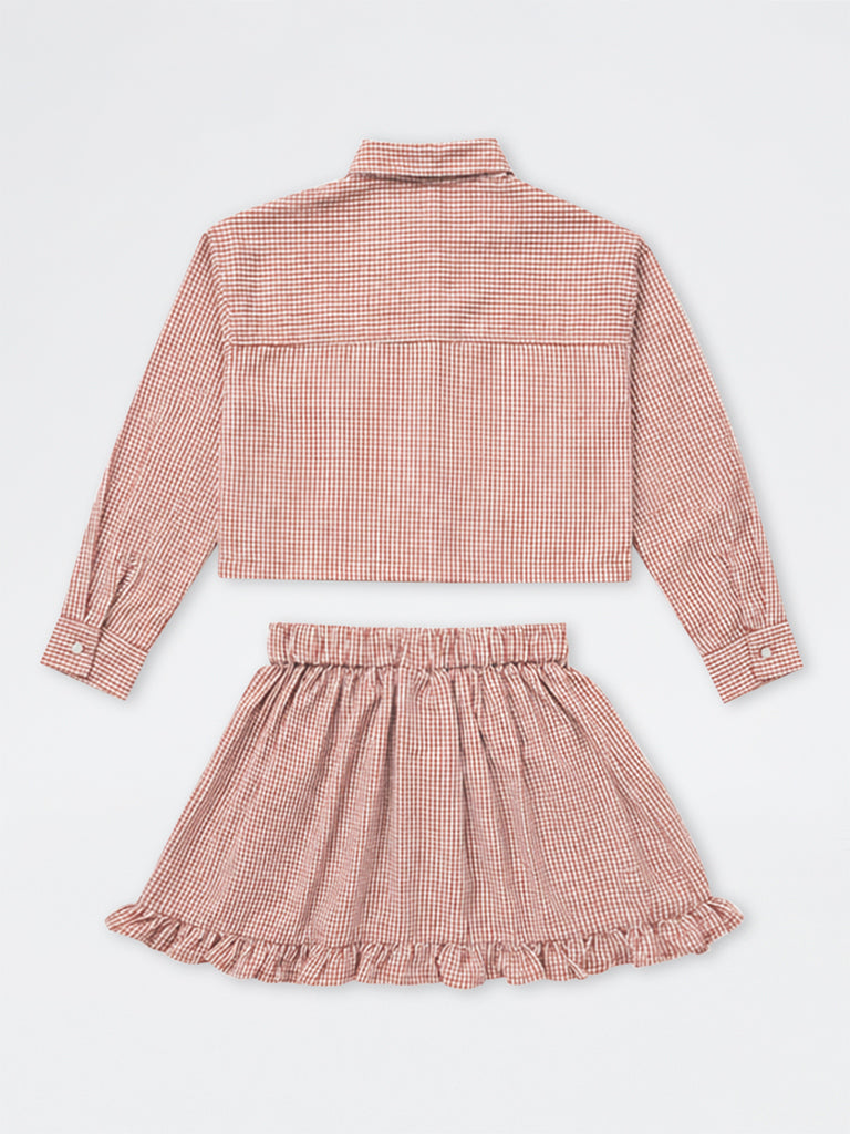 Girls Wine Checkered Shirt and Skirt Set