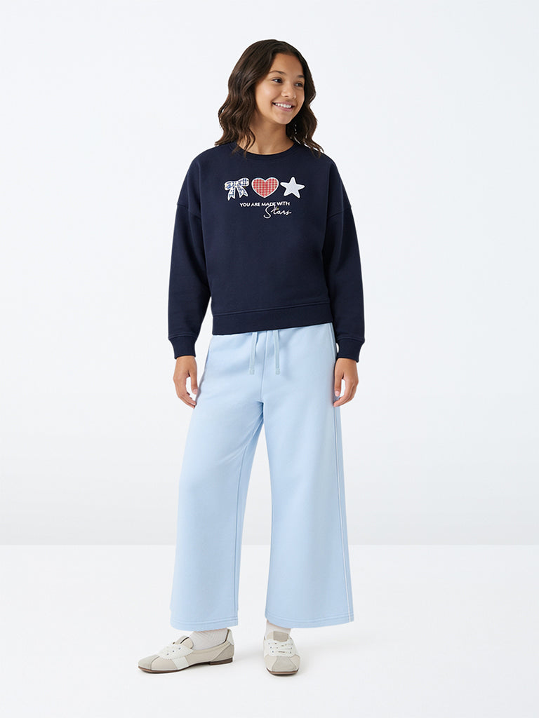 Girls Light Blue High-Rise Cotton-Blend Pants