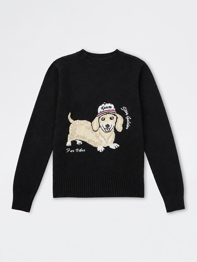 Girls Black Puppy Design Knitted Sweater