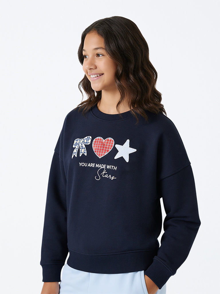 Girls Navy Printed Cotton-Blend Sweatshirt