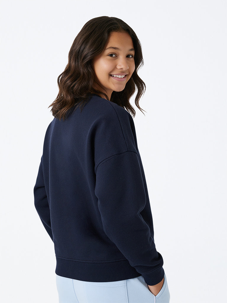 Girls Navy Printed Cotton-Blend Sweatshirt