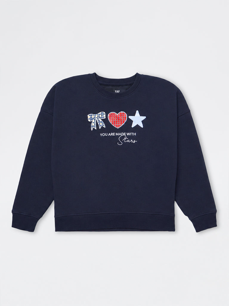 Girls Navy Printed Cotton-Blend Sweatshirt