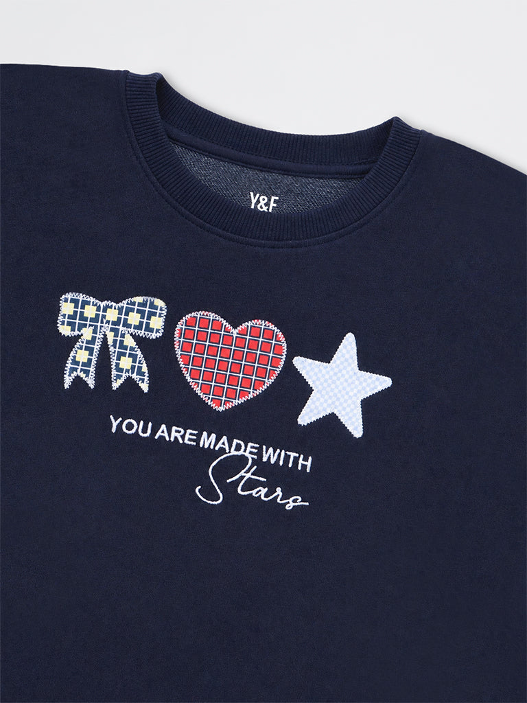 Girls Navy Printed Cotton-Blend Sweatshirt