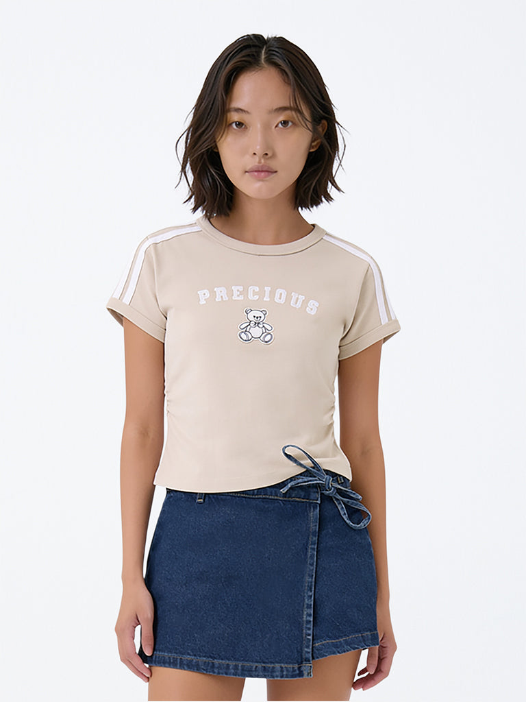 Girls Beige Teddy-Detail Cotton-Blend T-Shirt