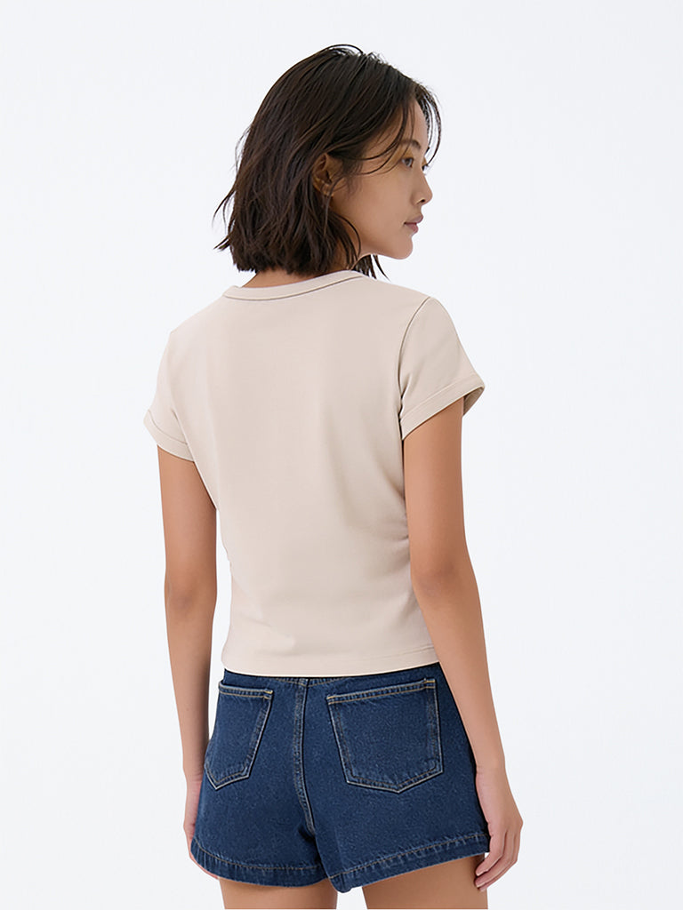 Girls Beige Teddy-Detail Cotton-Blend T-Shirt