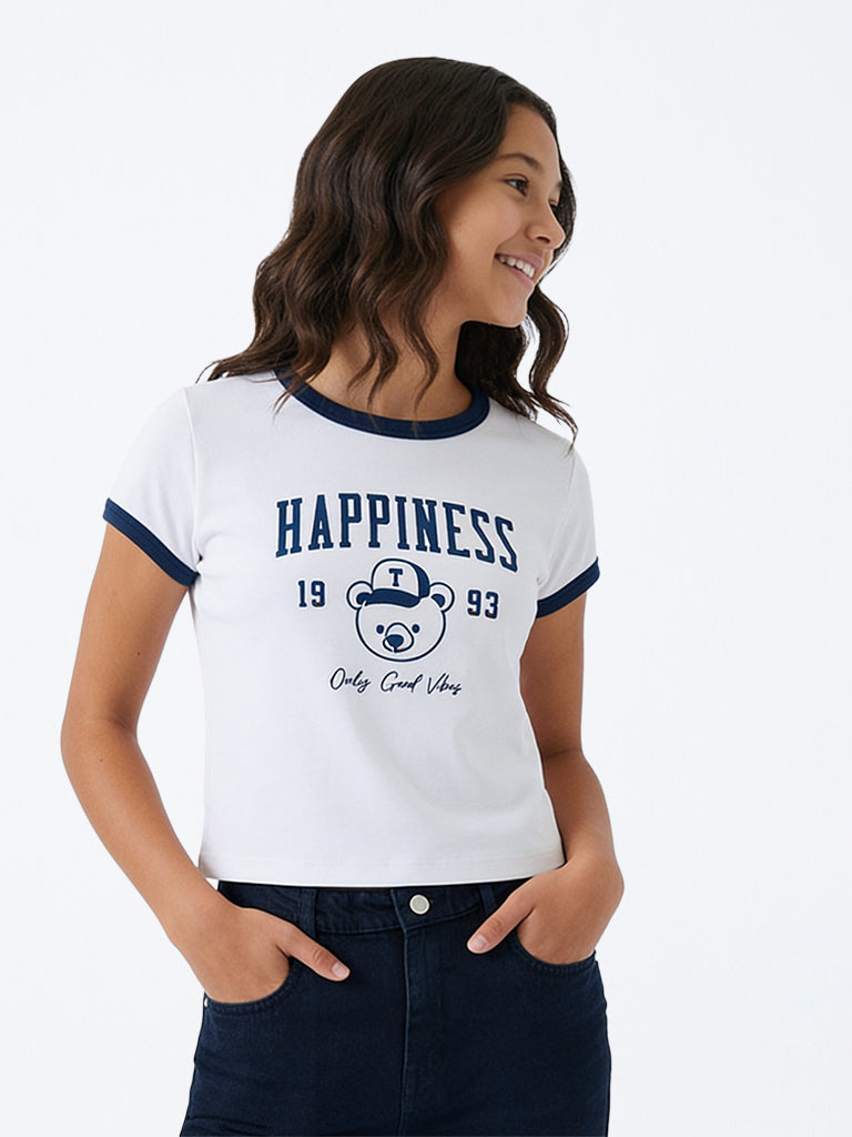 Girls White Graphic Printed Cotton-Blend T-Shirt