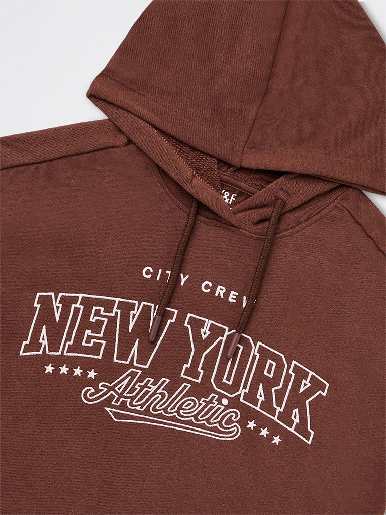 Girls Brown Text-Printed Cotton-Blend Sweatshirt