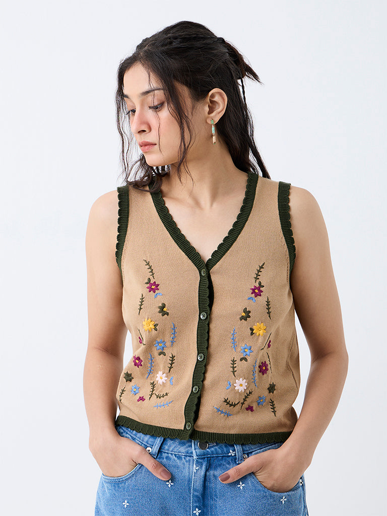 Bombay Paisley Beige Floral Embroidered Cotton Top