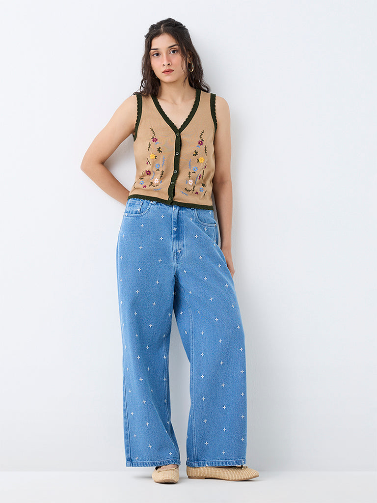 Bombay Paisley Beige Floral Embroidered Cotton Top