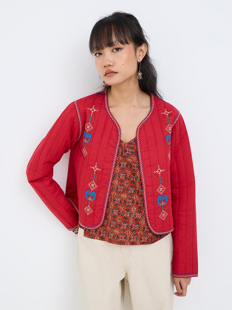 Bombay Paisley Red Embroidered Cotton Quilted Jacket