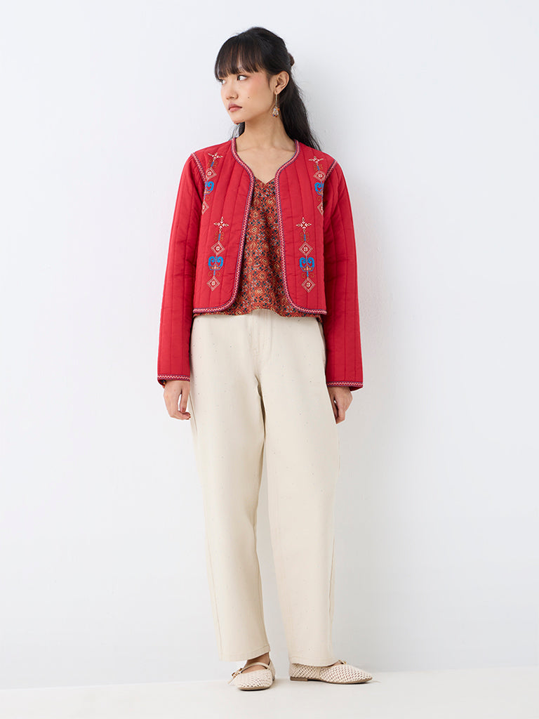 Bombay Paisley Red Embroidered Cotton Quilted Jacket