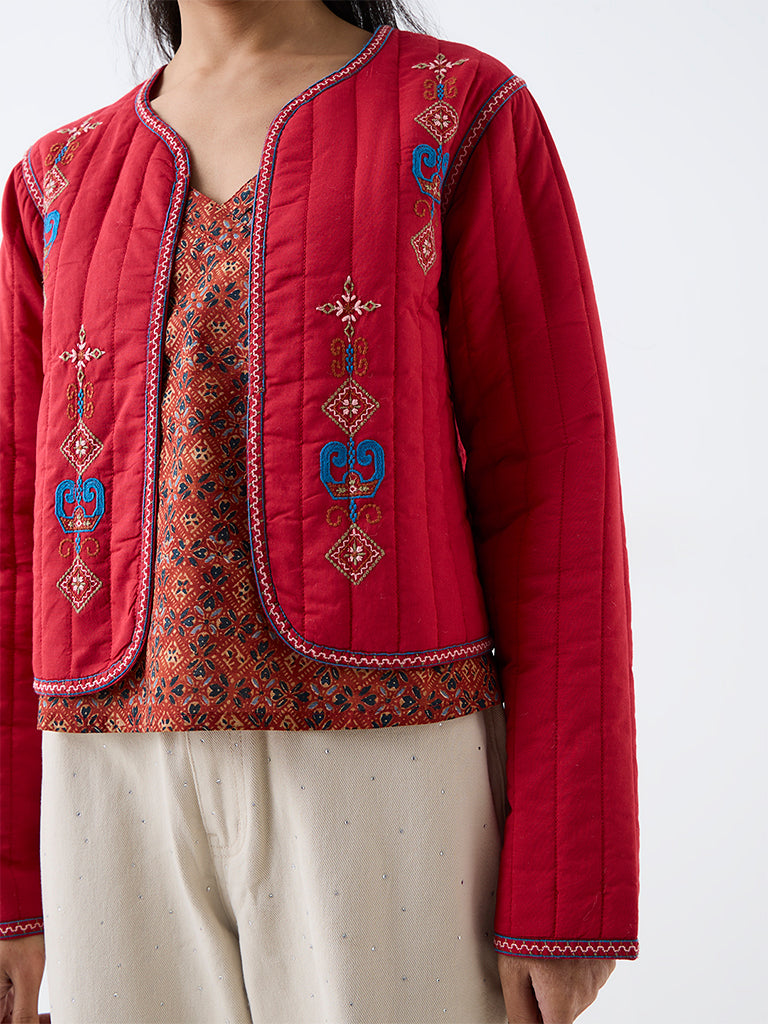Bombay Paisley Red Embroidered Cotton Quilted Jacket