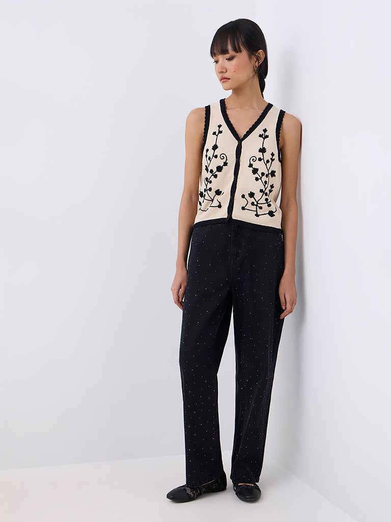 Bombay Paisley Beige Floral Embroidered Cotton Waistcoat