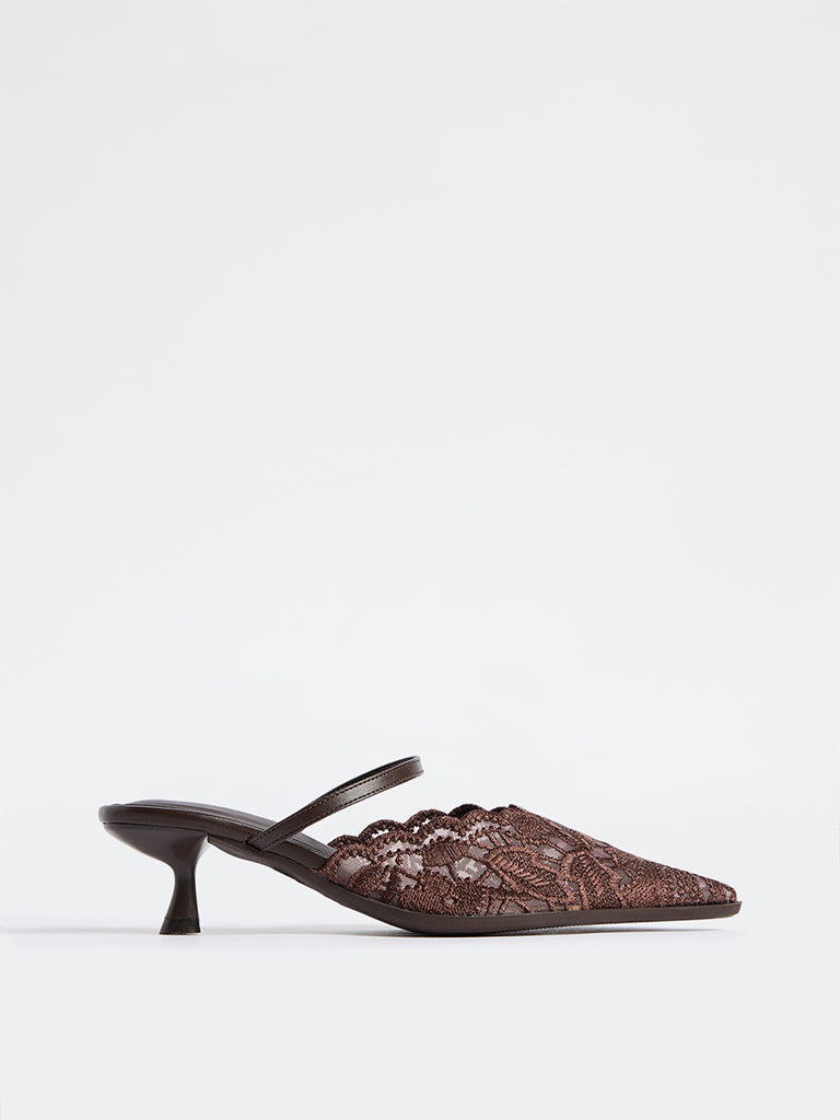 LUNA BLU Brown Lace Design Kitten-Heel Shoes